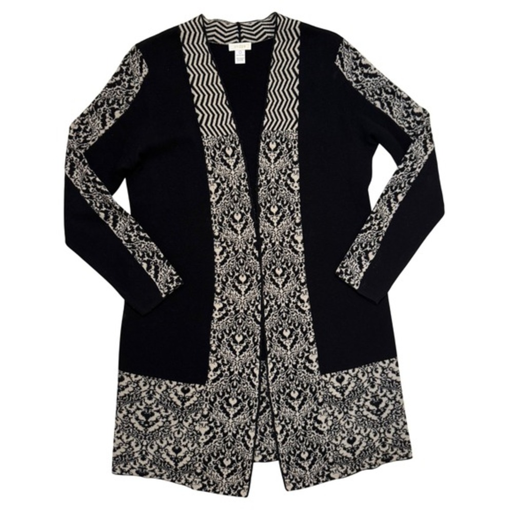 Chico's Damask Longline Open Cardigan‎ Women Black Cream Wool Blend Size 0 Small